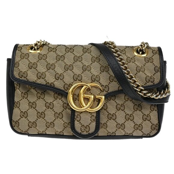 GUCCI Logo GG Marmont Chain Shoulder Bag Canvas Leather Beige Black GHW 631KA861 - Picture 1 of 16
